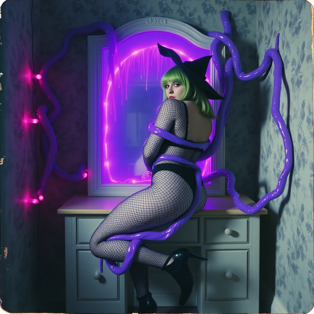 Scan of an nsfw old polaroid photograph with visible wear and heavy vignetting and blue color tint and light leaks, depicting a sexy pale curvy alt goth girl with plump booty and green hair wearing a skimpy fishnet black bodysuit and g-string revealing her nipples and wearing black stockings and high heels, sitting on a built-in vanity with a mirror in an old house with wallpaper on the walls with her knees spread apart. Camera flash used. Dark lighting. Moody and hazy. Grunge look. Erotic. Nude. Pink Christmas lights on wall. She is wearing a witch hat and is being restrained by giant glowing translucent slimy jello-like purple vines dripping goo coming from inside a glowing purple portal in the mirror, wrapping tightly around her arms and legs and torso. The vines are pulling her back towards the mirror.