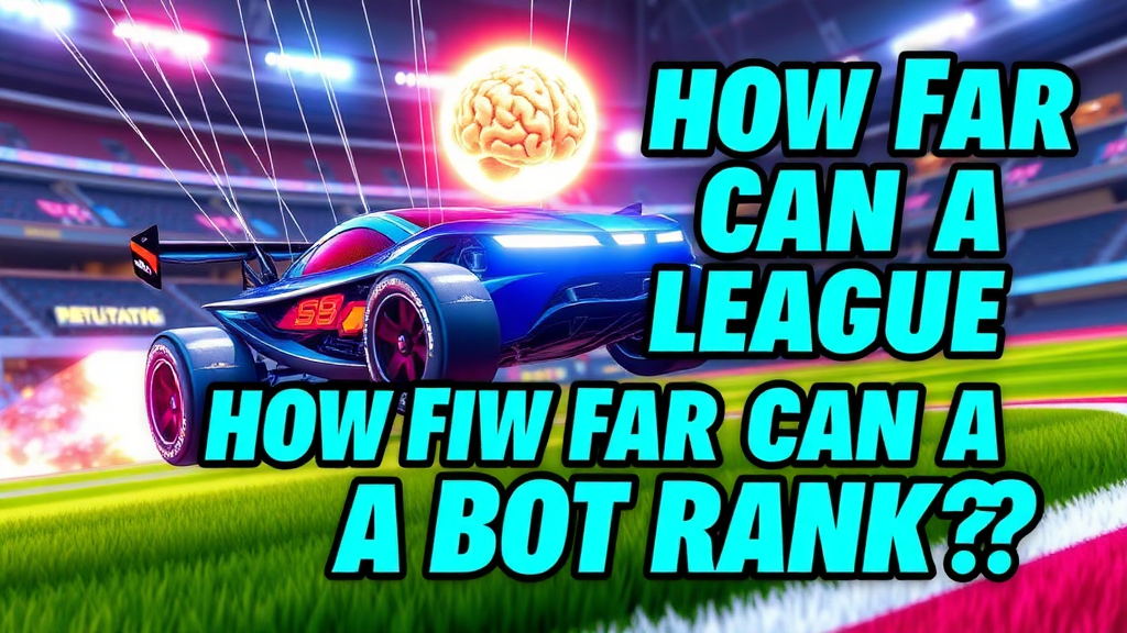 Create a Rocket League-themed thumbnail. Show an AI-controlled car with nitro boost flying toward a glowing ball, as in Rocket League. The car should be visually striking and eye-catching, with glowing lights around it that match the color theme. Have strings connecting the car to a brain, symbolizing AI control, as if the car is being puppeteered. The background should resemble a Rocket League stadium, with vibrant colors. Prominently display the text 'How Far Can a Bot Rank?' with bold, attention-grabbing effects.