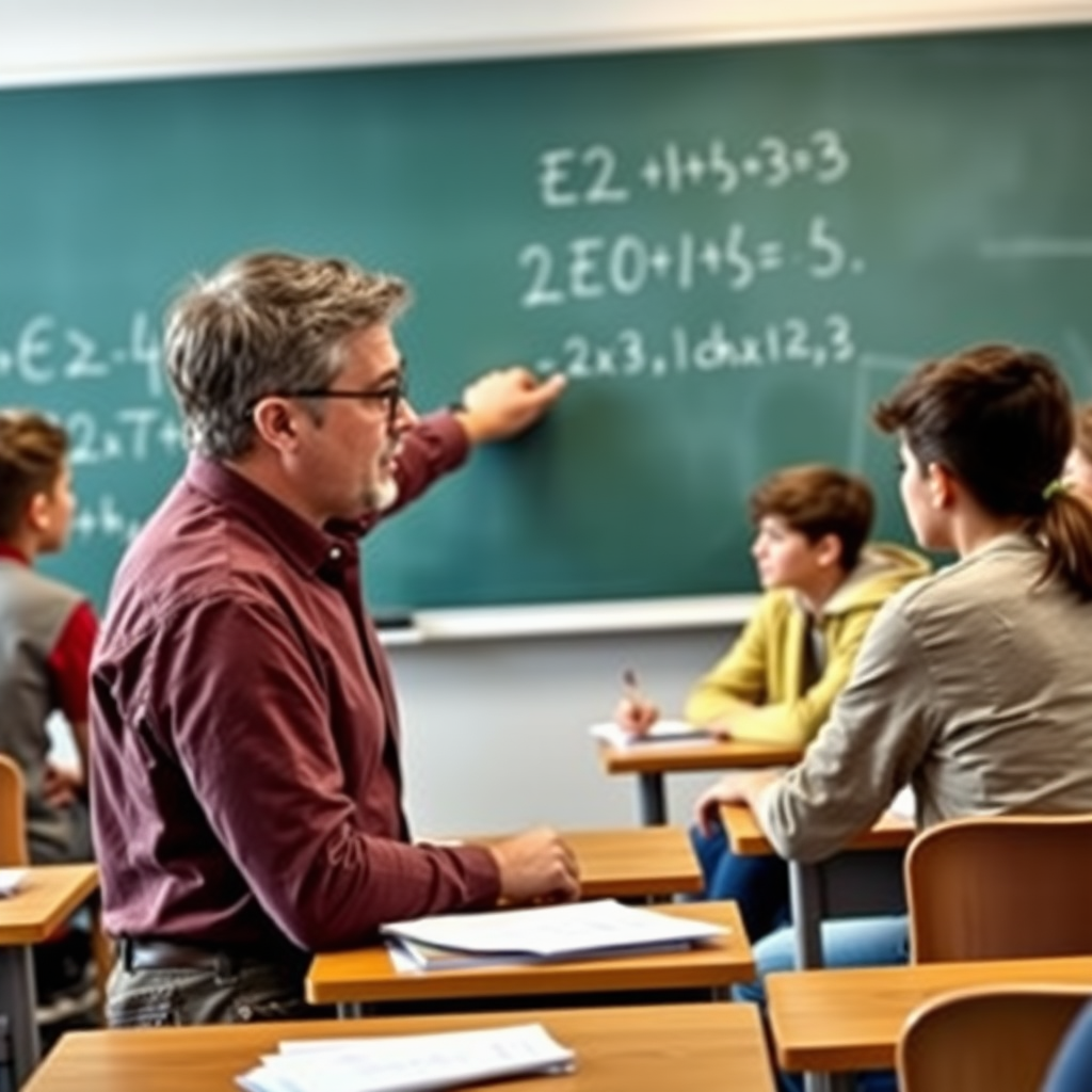 A middle aged male teacher in front of a class teaching algebra. She is writing an equation on the chalk board. In the class are a bunch of high school kids who seem very interested.