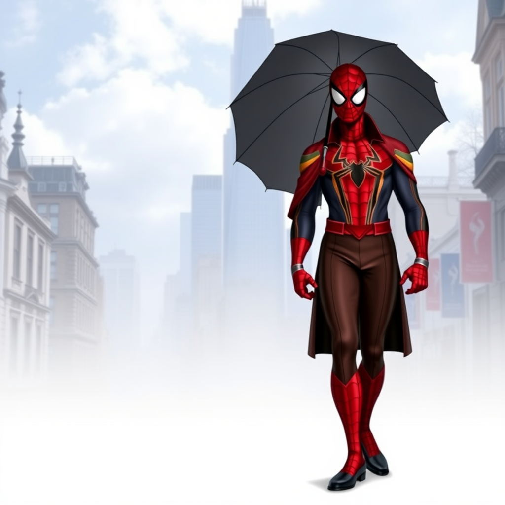 Create a full-length image of Mary Poppins with the masculine physique of Spider-Man, featuring defined muscles and an athletic build, but retaining Mary Poppins' original head. Her traditional clothing is modified to fit the muscular proportions, with a tailored, structured overcoat and elongated, fitted skirt to accentuate the build. She retains her iconic umbrella and hat. The background blends the whimsical charm of Edwardian London with the dynamic energy of a Spider-Man setting, like skyscrapers and bustling streets, reflecting both characters' worlds in one cohesive scene.