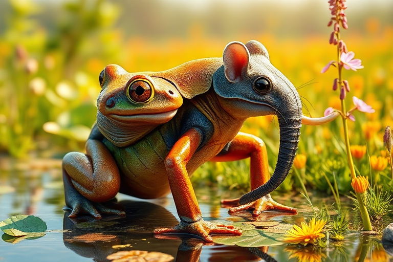 Create a full-length photorealistic image of a frog that incorporates the musculature and silhouette of a horsefly while retaining its head intact, showcasing its facial features. The frog's skin should display a vibrant, glossy texture, while the body showcases a mix of frog skin and horsefly fur. In the background, blend elements inspired by both the natural habitat of frogs, like a lush pond, and the environment typical for horseflies, such as sunlit meadows. The scene should unify these two diverse ecosystems, creating a harmonious yet intriguing setting. 

Generate a full-length photorealistic image of an elephant featuring the musculature and framework of a mouse, while keeping its head intact complete with distinct facial features. The skin retains its elephantine texture, complemented by soft fur similar to a mouse. The background blends elements from both animals' habitats, showcasing a mix of savannah and vibrant fields. Include plants characteristic of each environment, ensuring a harmonious and imaginative scene that captures the essence of both creatures while highlighting their unique characteristics in a surreal setting.