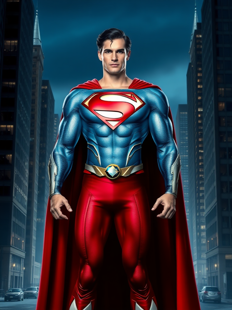 Generate a full-length image of Superman, but with the body attributes of Emma Frost from the X-Men. The character should largely maintain the iconic costume of Superman, but creatively incorporate embellishments and elements from Emma Frost’s characteristic attire that complement his look. Place this hybrid character in a background setting that is fitting for both Superman's Metropolis and Emma Frost's typical environments.