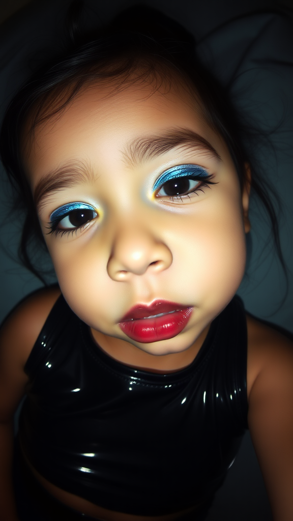 four-year-old-latina-female-child.  
She is wearing intense-blue-glitter-eyeshadow, thick-winged-eyeliner with very-dramatic-eyeliner-wings, and dark-burgundy-glossy-lipstick.  
She is wearing a tight-glossy-latex-sleeveless-crop.  
Her mouth is half-closed, eyes half-closed.  
Fish-eye-lens, laying down in a dark motel room, amateur flash photography.  