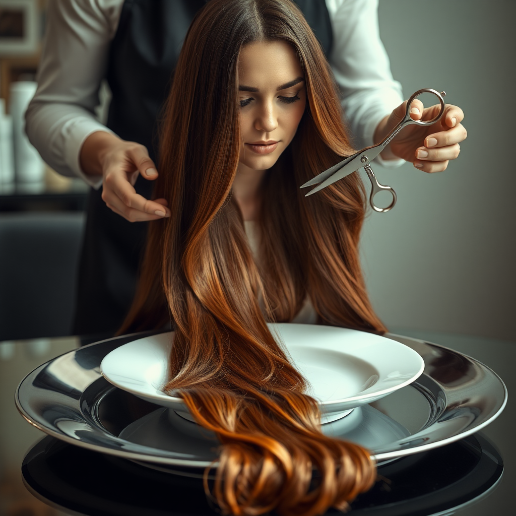 In a bizarre, surreal tableau, the polished surface of an elegant dining plate cradles the disembodied head of a strikingly beautiful Kate Middleton, her long, flowing hair cascading like a glossy waterfall of deep chestnut and honey highlights. The hair is luxuriously arranged, strands shimmering under the soft, ambient light that bathes the scene in an ethereal glow.

A skilled hairdresser, clad in a sleek black apron, stands poised with a pair of gleaming scissors, carefully trimming the endlessly luxurious locks that frame Kate's serene, almost ethereal features. The air is thick with the scent of salon products mingling with delicate hints of floral fragrances, creating an unusual yet strangely inviting atmosphere. The hairdresser's focused expression reveals a meticulous dedication as snippets of hair fall gracefully onto the pristine plate, echoing a sense of both artistry and absurdity.

The overall emotional tone conveys a dreamlike quality, inviting viewers to ponder the juxtaposition of beauty, identity, and the bizarre circumstances that bind them in this extraordinary moment.