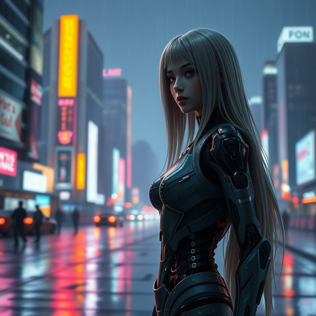 A photograph of a cyborg with the below characteristics.

Cyborg design:
Female gender. Standing. Long hair on head.

Character design:
Scene:
Futuristic. Cityscape. Neon lighting. Night time. Heavy rain.

Composition:
Cyborg in foreground. The cyborg is facing forwards. Full view of cyborg, from head to feet. City in the background.