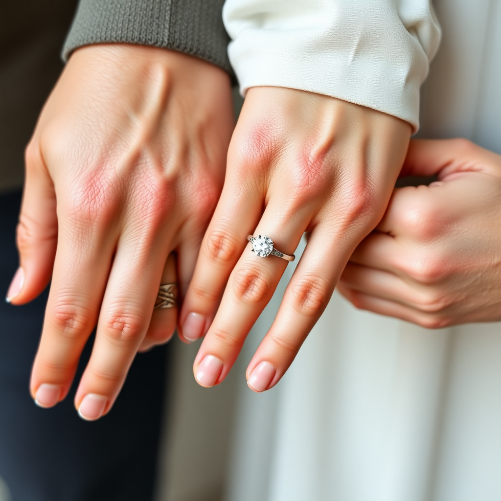 a man and woman's hands, the woman's hand has a 5 carrot engagement ring on the ring finger.  Make sure both hands have 4 fingers and a thumb.