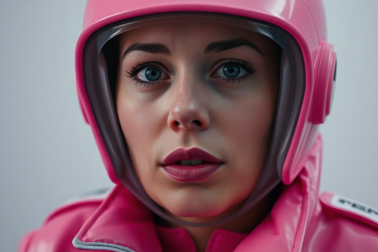 35 year old woman, fat face, pink pvc suit