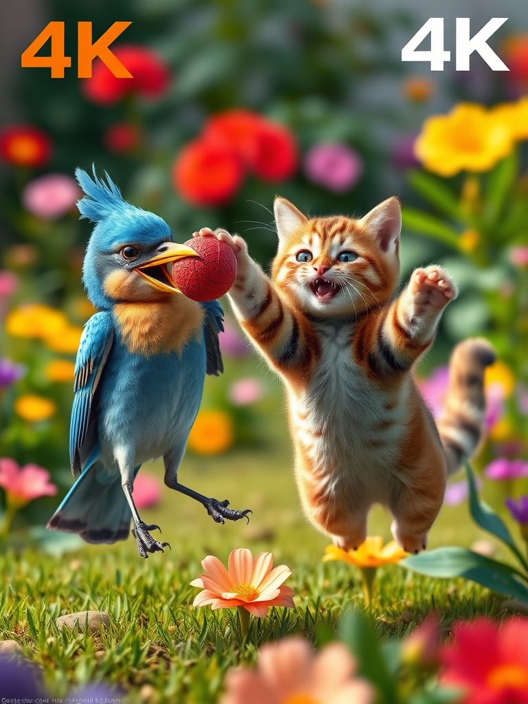 A realistic 4K scene depicting a Blue Bird joyfully holding a lost ball in its beak, having finally found it. Nearby, a Brown Cat is leaping with excitement, its expression filled with happiness. The colorful garden backdrop features vibrant flowers and lush greenery, capturing the celebration of their friendship and the thrill of the moment.