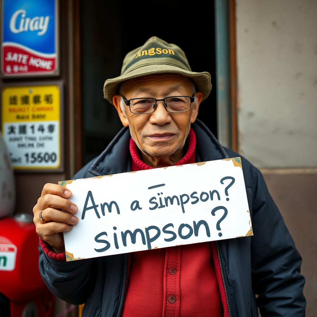 Chinese old man hold a sign "Am I a simpson?"