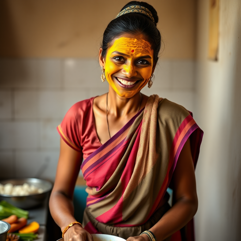 A skinny, happy, traditional, 30-year-old Indian wife with a covered hair bun, wearing a blouse, skirt, and a short towel on her shoulder. She is preparing food in the kitchen. Her face is covered with a turmeric face mask.