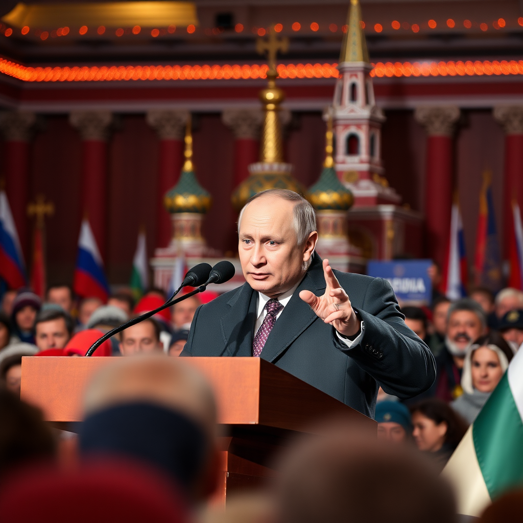 Putin is telling his victory speech to the crowd in front of the Kreml.