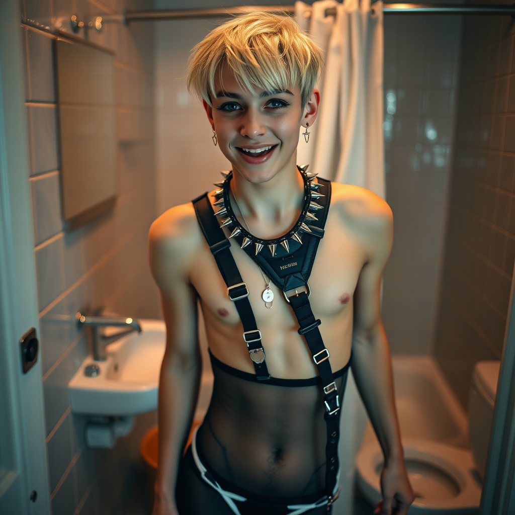 photorealistic, ultra high resolution, 16K, surreal fantasy, studio lighting, a pretty 16 year old goth boy, slim male physique, short blonde hair, goth makeup, earrings, pantyhose, harness, spikey dog collar and leash, trainer-bra, white ballet shoes, in the bathroom, excited smile, facing the camera.