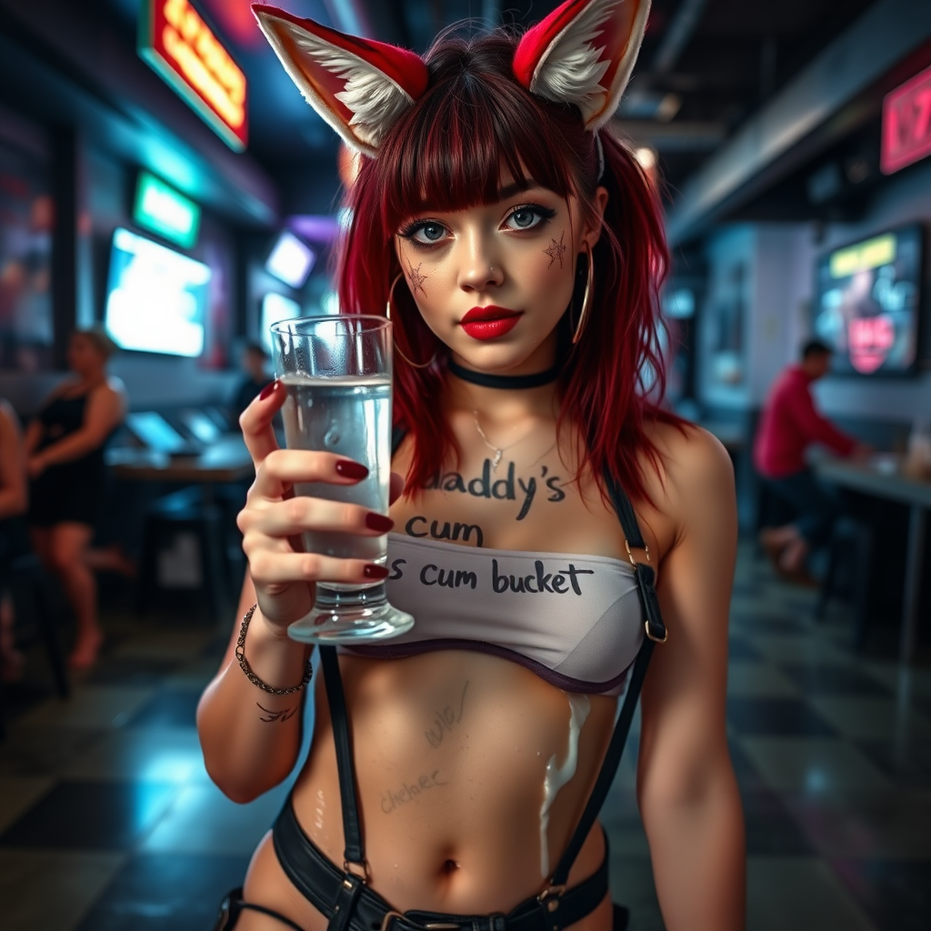 Full body in frame, high POV, Real life photo of a cyberpunk girl, she has “daddy’s cum bucket” written on her skin with lipstick. She is holding a glass of clear slime, she has fox ears, tiny cropped tee, wearing g-string thong, suspenders and chunky thigh boots, her face is covered in clear slime.