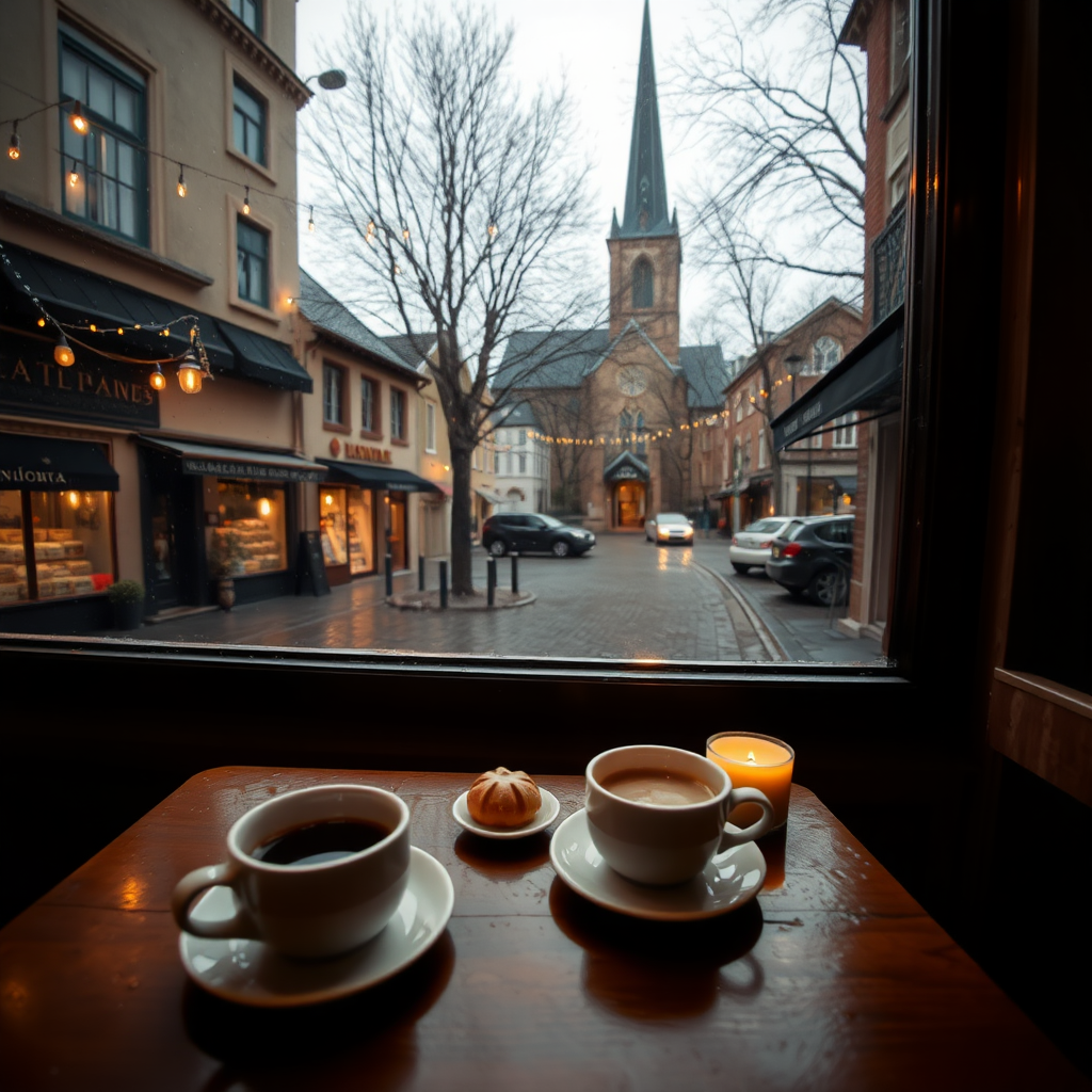 The 3/4 wideangle photo looks down on a cozy café scene on a rainy day, viewed from inside through a large window. The table in the foreground has two cups of coffee, small pastries, and a lit candle, with water droplets on the wooden surface, adding to the rainy ambiance. Outside the window, you can see a narrow, cobblestone street lined with small shops, warm glowing lights, and a few parked cars. In the distance, a tall church spire rises above the buildings, and the scene is framed by bare, leafless trees. Soft, warm lighting from the café and the string lights outside create a comforting and peaceful atmosphere, perfect for a relaxing rainy afternoon.