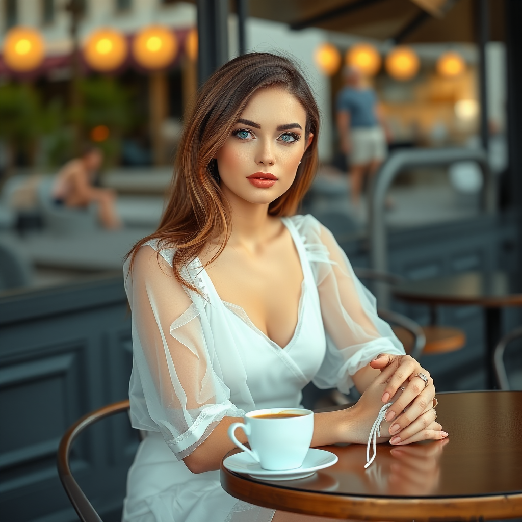 A young woman with brunette hair, pale blue eyes, wearing a translucent white dress and white lace-up high heels. She is sitting in front of a café at a table, with a cup of steaming coffee on the table. photo