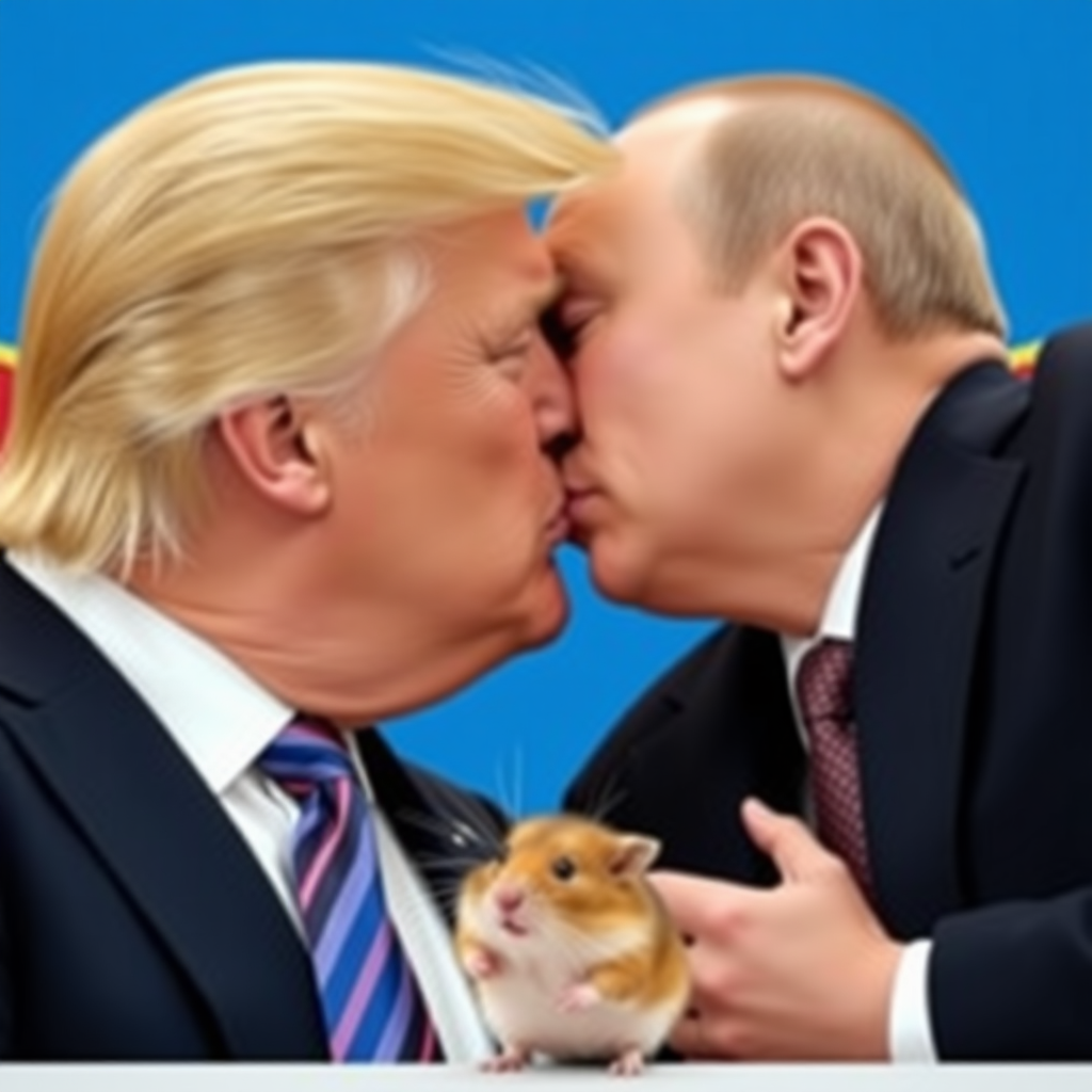 Donald Trump and Vladimir Putin kissing passionately while a hamster watches.