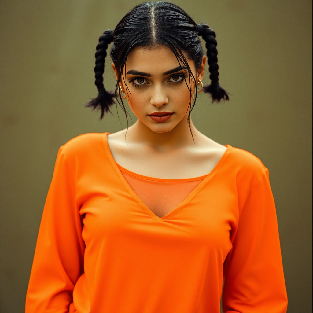 a woman in an orange top posing for a picture, an album cover, inspired by Herb Ritts, trending on dribble, arabesque, twintails, arab young monica belluci, hair are wired cables, tifa, carnal ) wet, captura, pigtails, aenaluck, indian, hair are cable wires, sakimichan