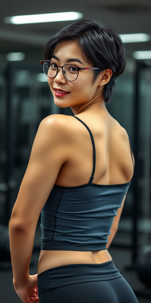 High-definition image quality, a Chinese woman, short hair, wearing glasses, A cup, full thighs, full buttocks, fitness tank top, black hair, full-body shot, in a gym.