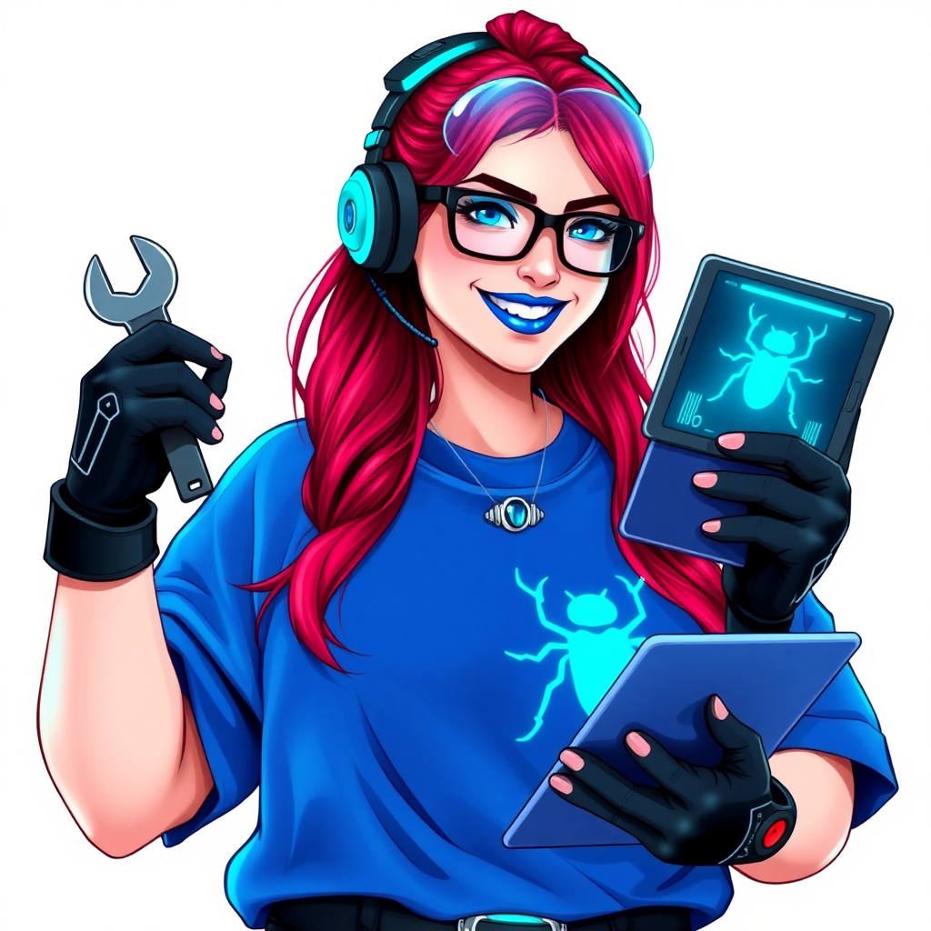 An intelligent and tech-savvy 29-year-old computer hacker and tech genius. She has a long ruby red ponytail. She wears maximum blue lipstick, blue eyes, a sapphire beetle gemstone necklace, sapphire earrings, black eyeglasses, hi-tech power gloves, and an oversized maximum blue t-shirt featuring a neon blue glowing beetle chest icon. She has a gargantuan full-figured physique with a prominent round gargantuan midsection, reflecting her well-cared-for lifestyle. She sports a sapphire headset with a hi-tech maximum turquoise lensed HUD, and a beaming smile accentuated by a passionate neon red blush. She serves as his tech expert from his hideout, holding a futuristic tool wrench and a futuristic digital tablet. The background is solid white. She is drawn as if she was in a retro 2D cyberpunk fighting game.