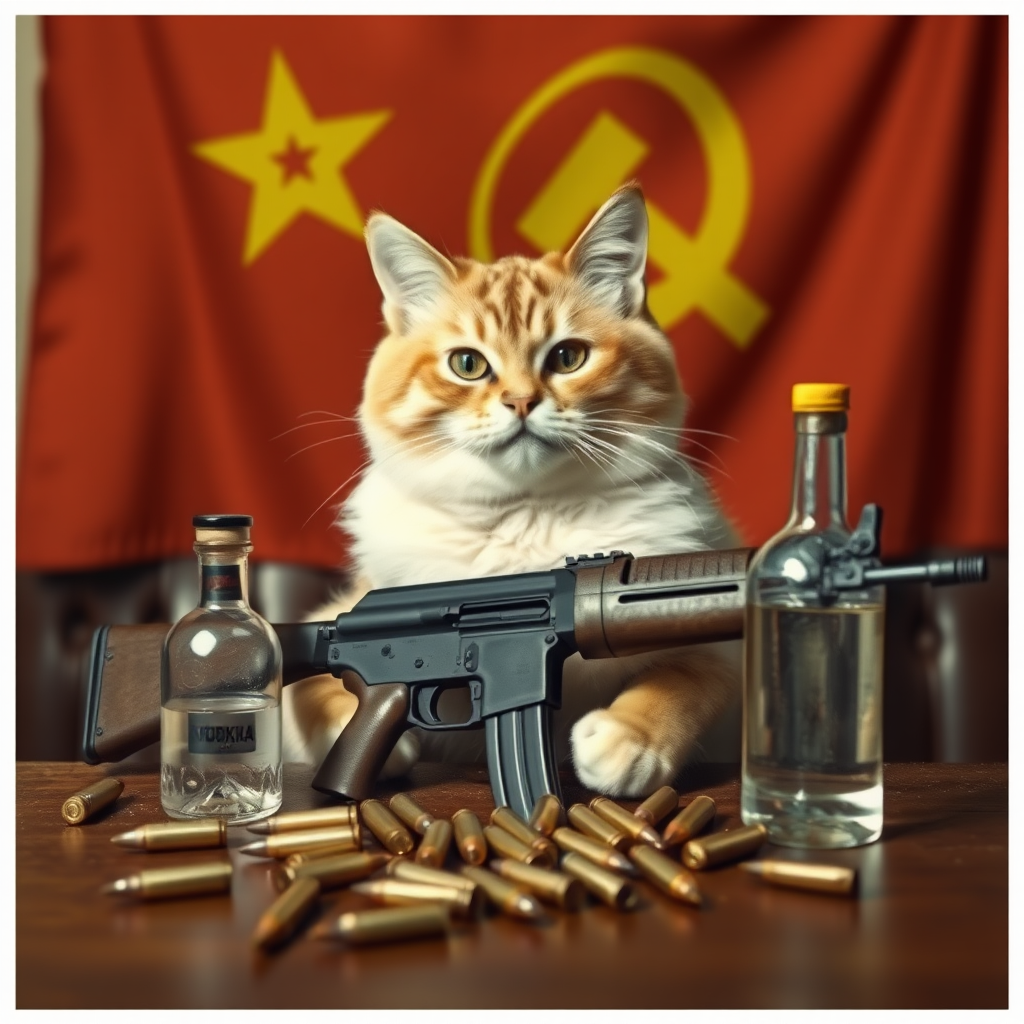 Soviet communist chatcatkat with an AK-47 and vodka and a Soviet flag behind a table with bullet casings on it.