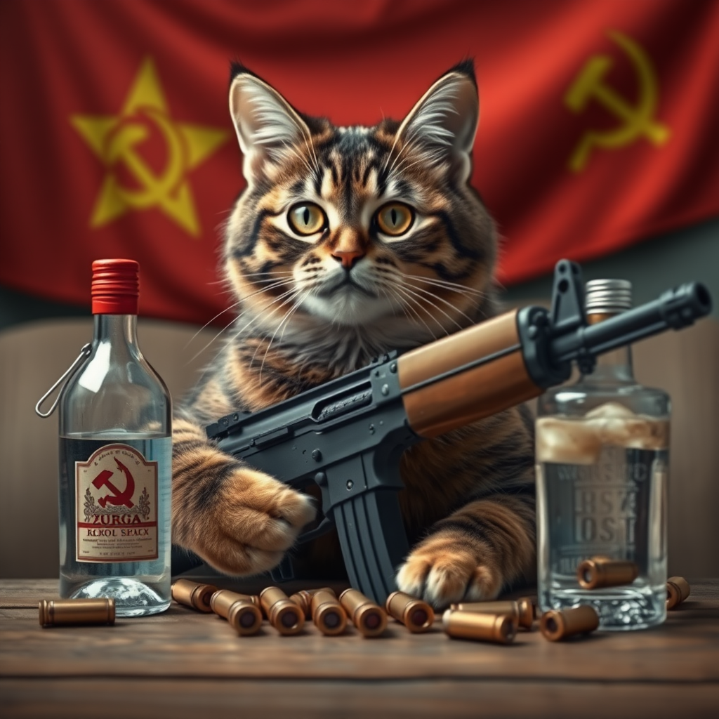 Soviet communist chatcatkat with an AK-47 and vodka and a USSR flag behind a table with bullet casings on it.