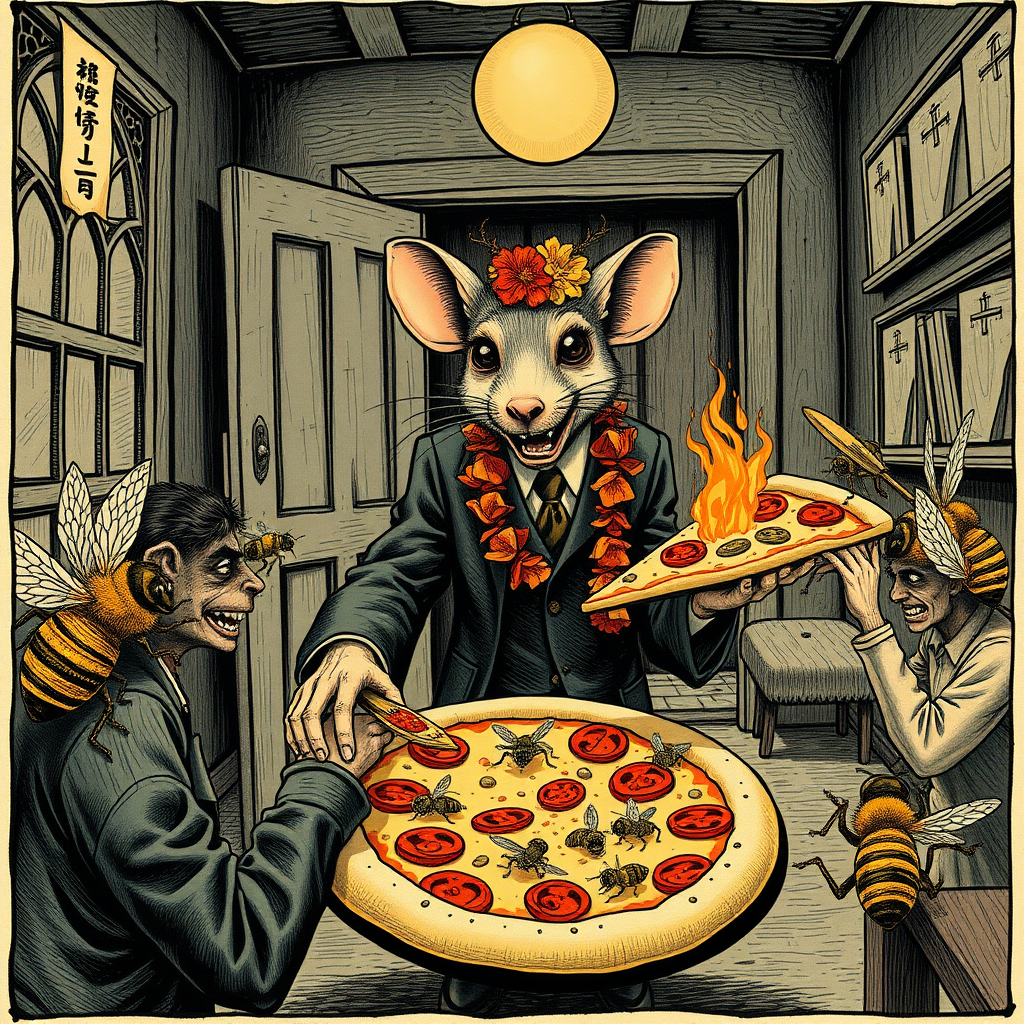 A well dressed handsome rat demon delivering Hawaiian pizza to angry bees in a decayed apartment, Chinese woodcut, Mormon, Catholic