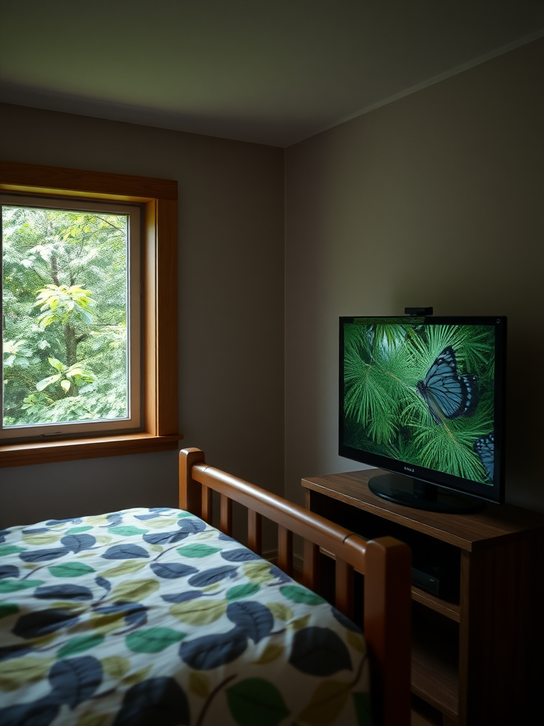 Next to a small window is a wooden bed, and outside is a lush green forest. A documentary about nature is playing on the TV, while the bedding on the bed features a leaf pattern. The entire scene exudes a sense of tranquility that blends with nature. Real, reality.