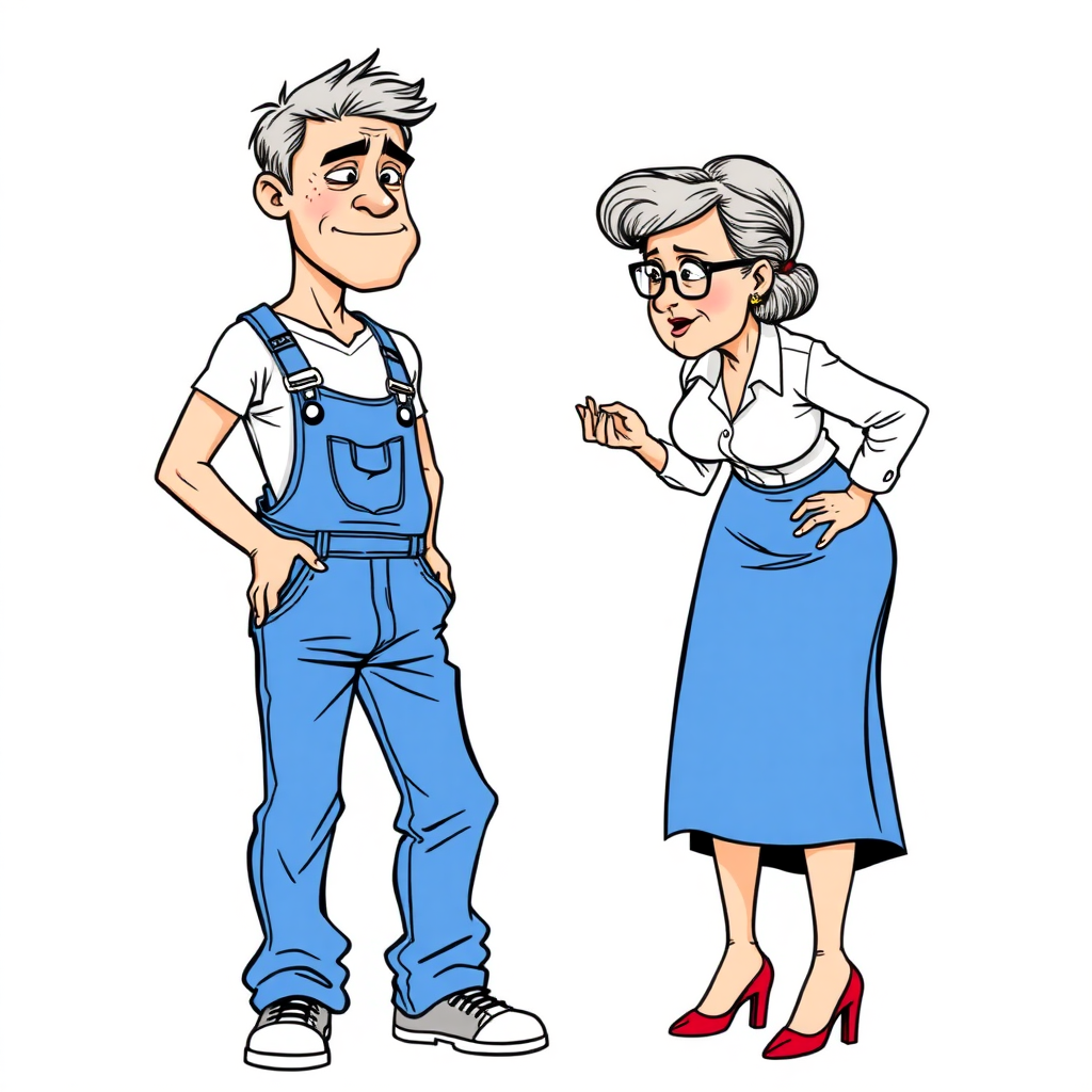 20 year old european skinny boy wearing work overalls is blushing excited while lectured by a towering 55 Years old, fit, European, Latina, sharp aquiline nose, wrinkles, high cheekbones, Middle Eastern, Skinny, Tanned skin, Dark light skin, Rounded Medium breasts, Skinny thighs, full Makeup, jewelry, Serious face, Sharp nose, Ash hair, short bowl haircut, Brown eye color, Glasses, with detailed features. Hands on hips, She is bent over the boy, she is wearing a white shirt and a blue skirt, detailed fabric.  full body, high heels sandals, long establishing shot, 2D, caricature, cartoon, Sketch lines, coloring book, nlack and white, coloring book style on white background, well composed, clean coloring book page, No dither, no gradient, strong outline, No fill, No solids, vector illustration