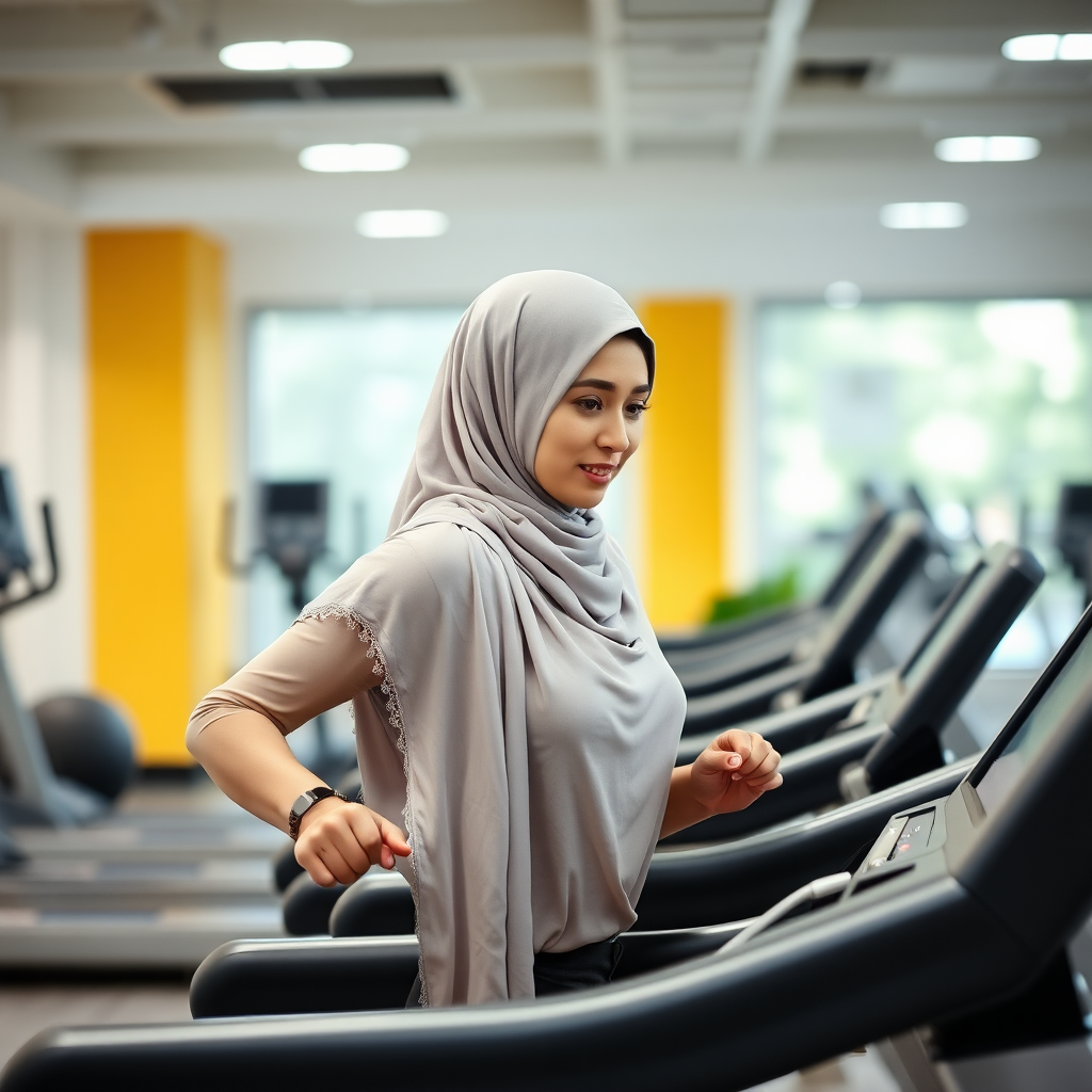 Indian wife, hijab, working out on treadmill in gym