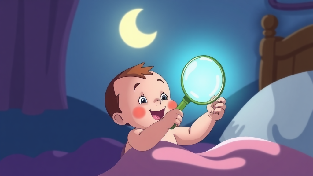 a baby holding a looking glass in hand at night on the bed baby happy to see that. Cartoon.