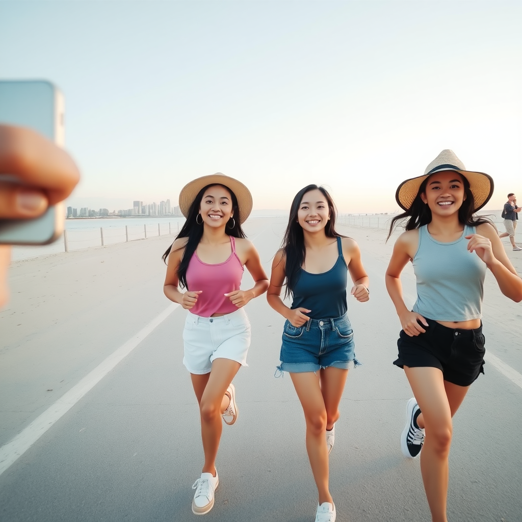 four asian girls with gorgeous face, wearing shoes, run, white skin, tall, straight hair, selfie, beach, big eye ,hat, short