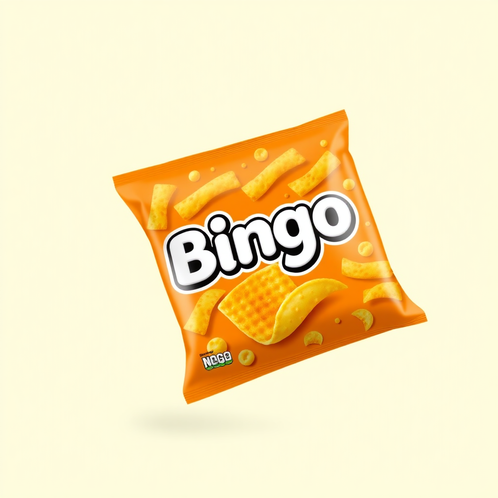 Create a mockup for a Bingo snack pack nachos cheese flavor featuring a bright orange color.