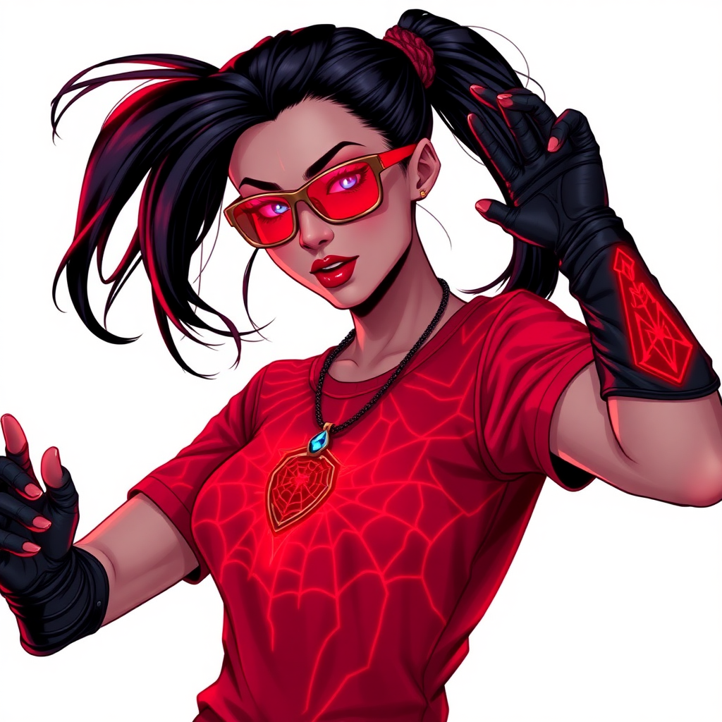 A 26-year-old mystical corporate hero hunter with a sleek black ponytail, maximum red lipstick, striking blue eyes, dressed in a maximum red t-shirt adorned with intricate neon red glowing web patterns, equipped with black biker gloves, and wearing glowing neon red-lensed shades and a mystical red gemstone amulet featuring an intricate web design that grants her the cunning and trickery of Anansi. She poses flirtatiously against a solid white background, exuding an aura of mystical power and intelligence. She is drawn as if she was in a retro 2D cyberpunk fighting game. She glows neon red showing her mystical powers.