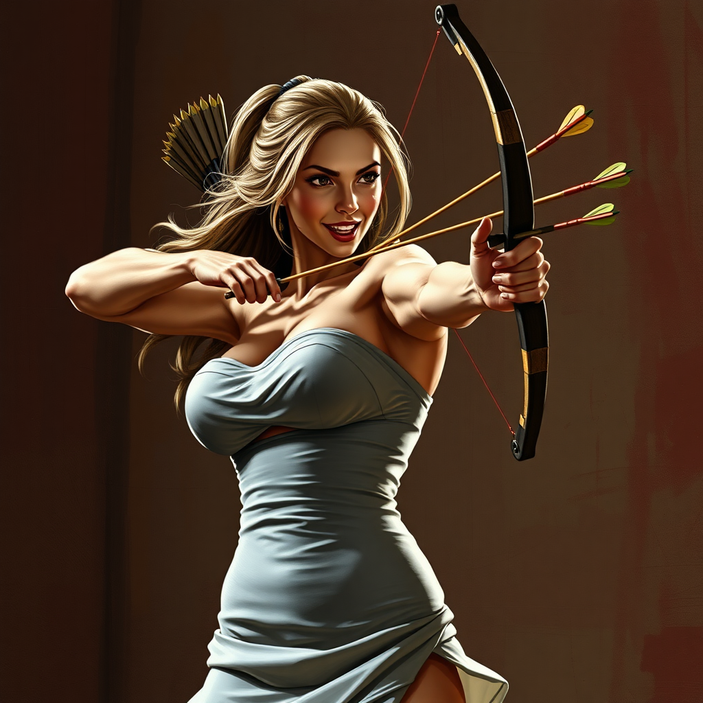 huge massive strong muscular bodybuilder girl, strapless dress, archer throwing arrows