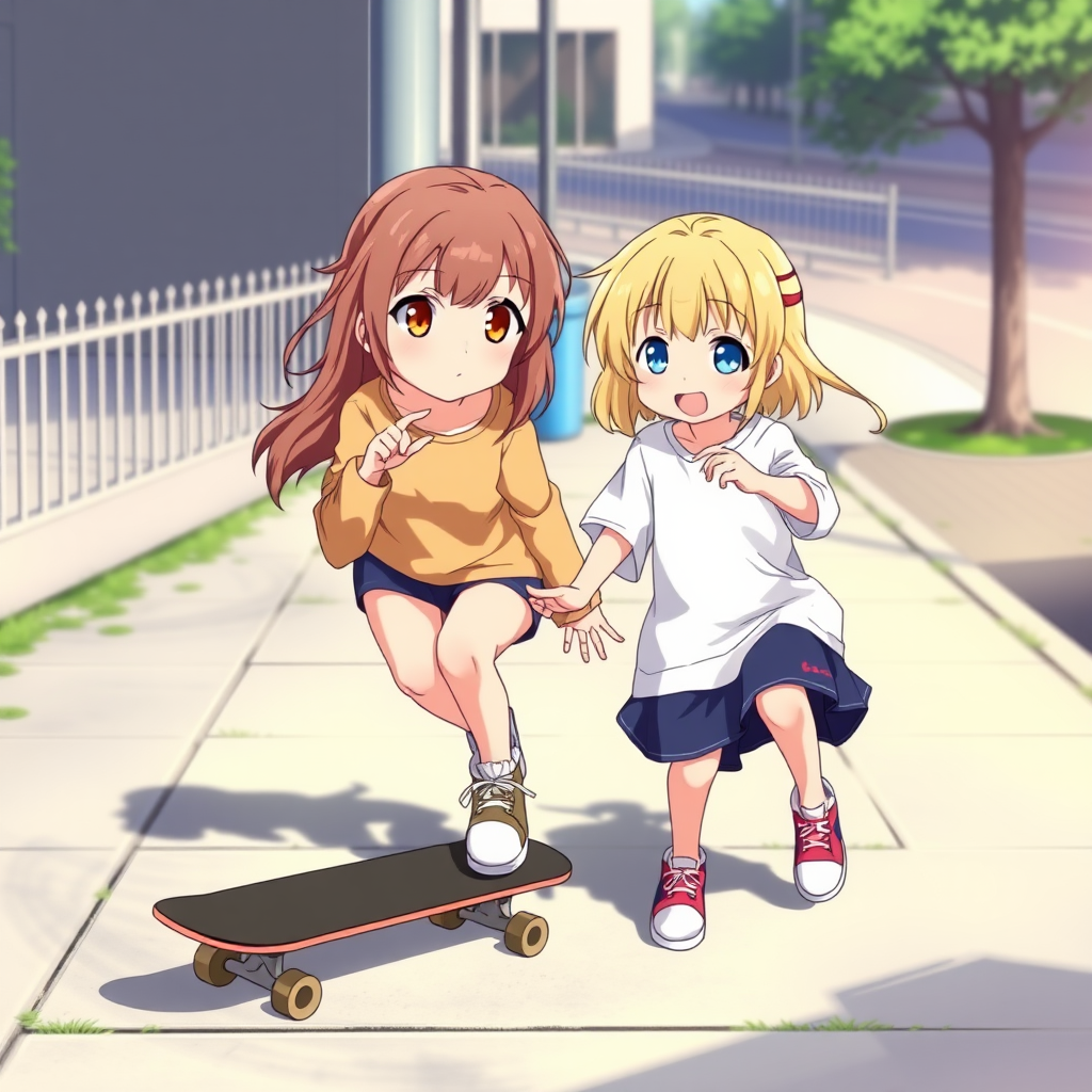 Two anime sisters, one a teen with light brown hair and hazel eyes and the other a smaller kid with blonde hair and blue eyes, playing with a skateboard on a sidewalk