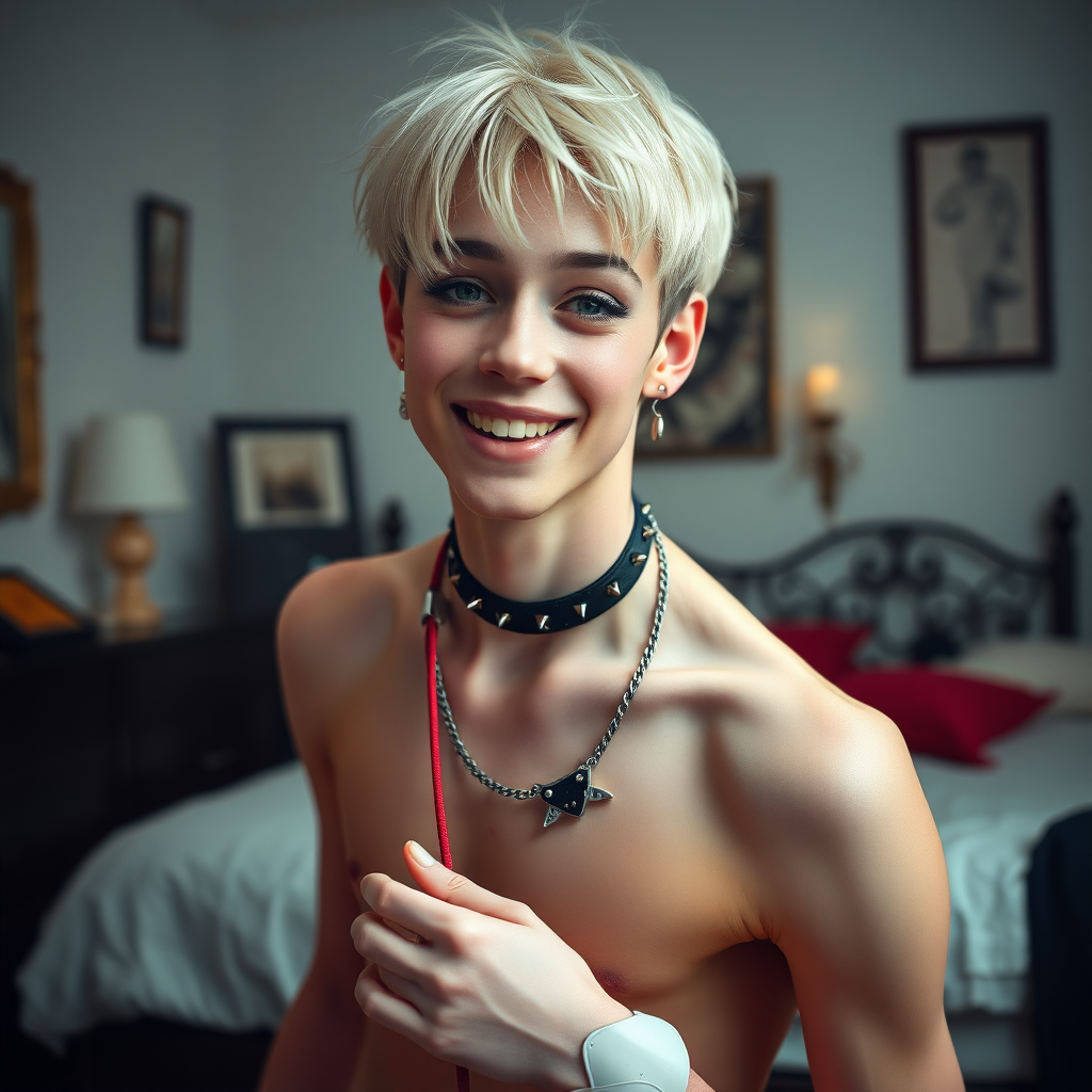 photorealistic, ultra high resolution, 16K, surreal fantasy, studio lighting, a pretty 14 year old goth male, slim male physique, short blonde hair, goth makeup, earrings, glossy pink pantyhose, white ballet shoes, spikey neck collar and leash, in the bedroom, excited smile, facing the camera.