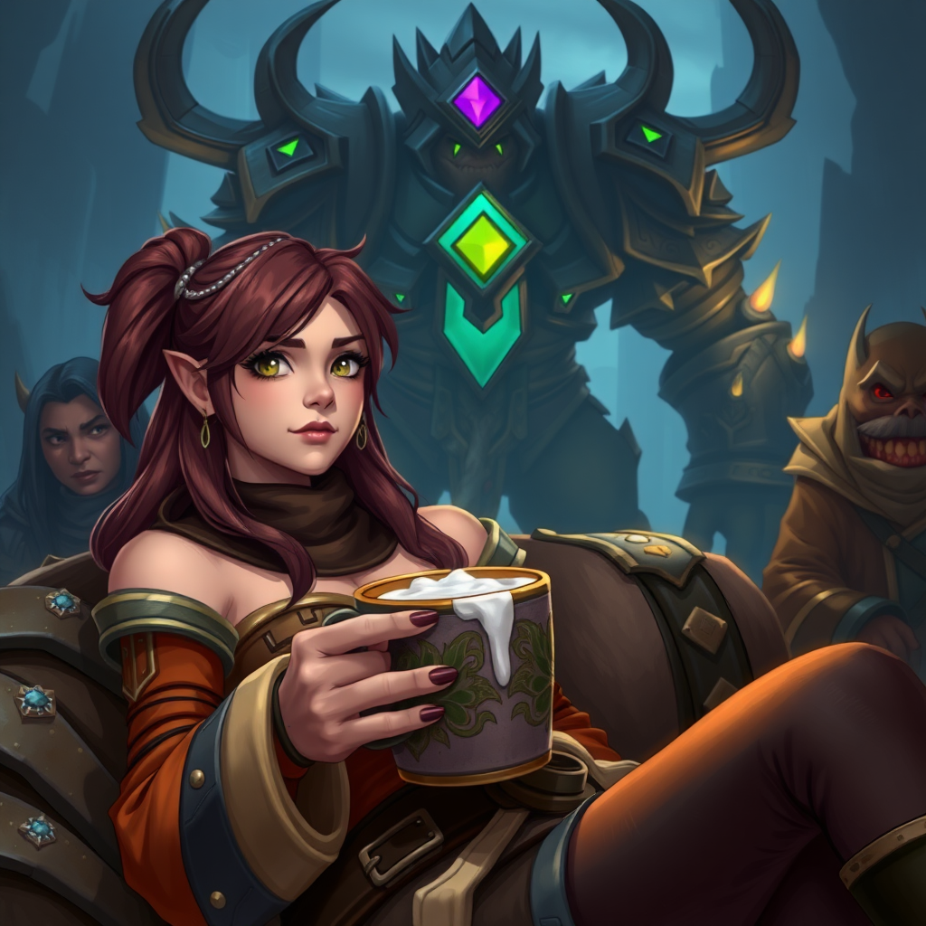 A female World Of Warcraft character relaxing after a grueling raid with a nice cup of hot chocolate. Her guild team is around and the defeated raid boss is in the background.