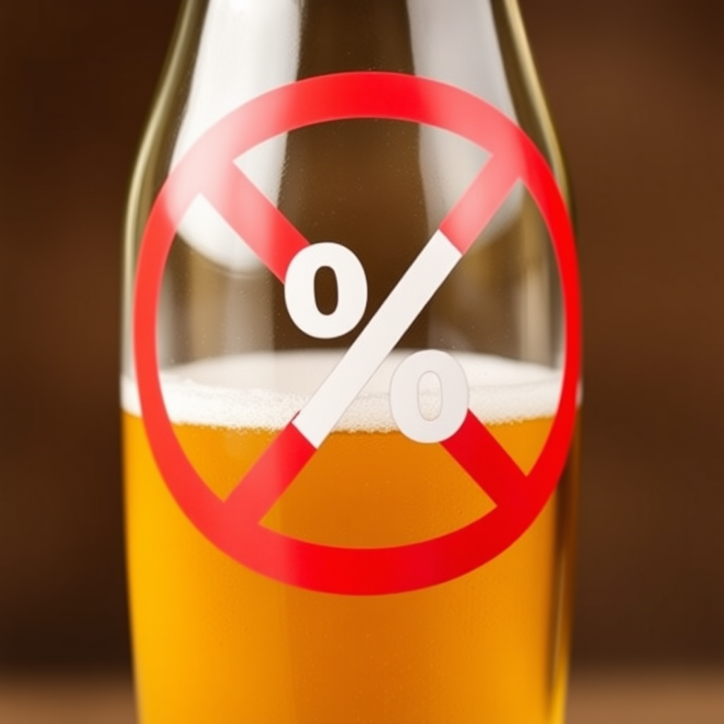 A bottle of beer with a prohibition sign with percent symbol in it