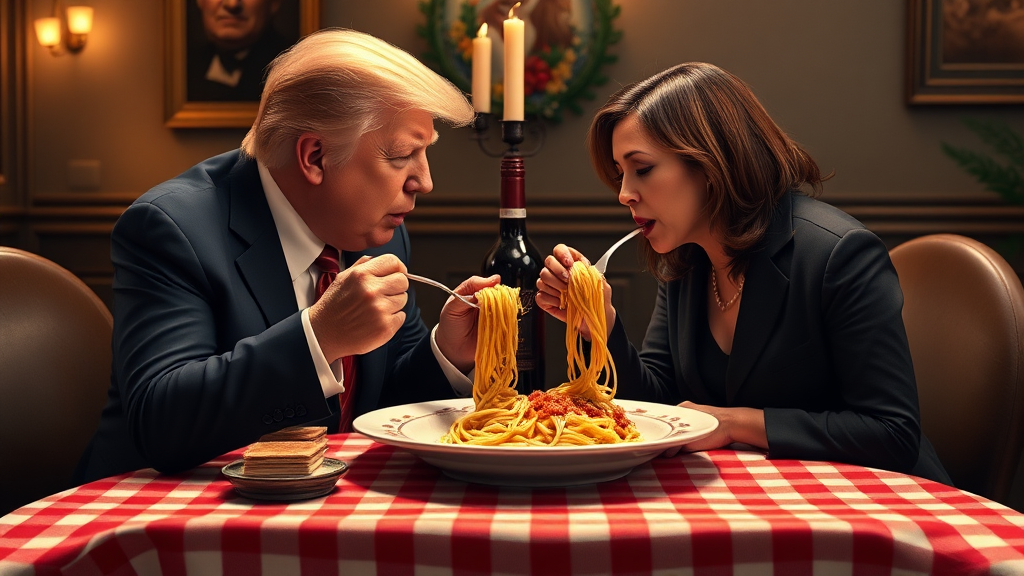 Photoreal style. ratio: 16:9. Donald Trump and Kamala Harris eating in an Italian restaurant a la the one in 'Lady and the Tramp.' Checkered tablecloth, Chianti bottle used as a candle holder. Both humans are eating spaghetti from one shared plate with their hands, and end up eating the same piece of spaghetti, making their heads meet.