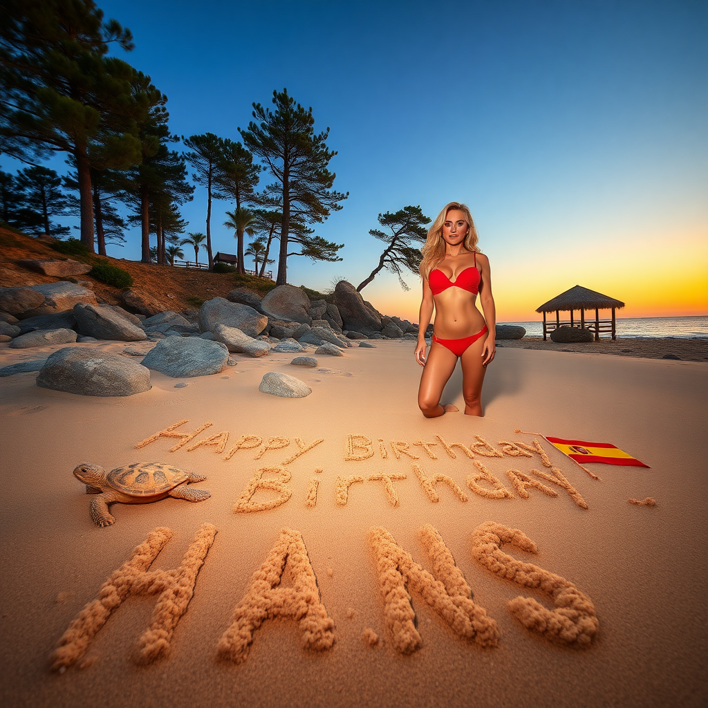 Beach with rocks, pines and bar. Sunset. Sand spelling the words " Happy Birthday Hans " Turtle in sand, spanish flag. Curvy Blonde beauty in red bikini