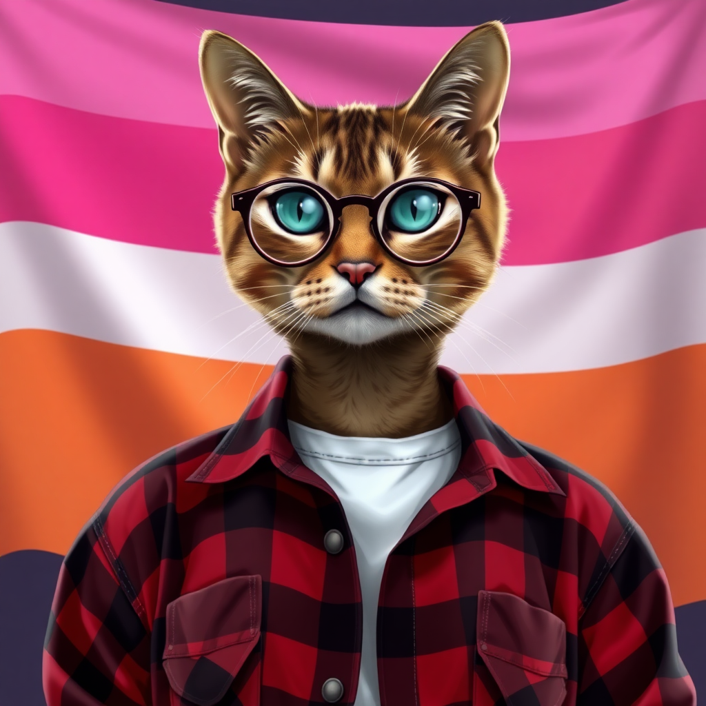 female cat-man brown color with behind a flag with horizontal colors pink/light pink/white/light orange/orange, colors in that order, wearing semi-round glasses, an open red and black checkered shirt over a white t-shirt, in digital art