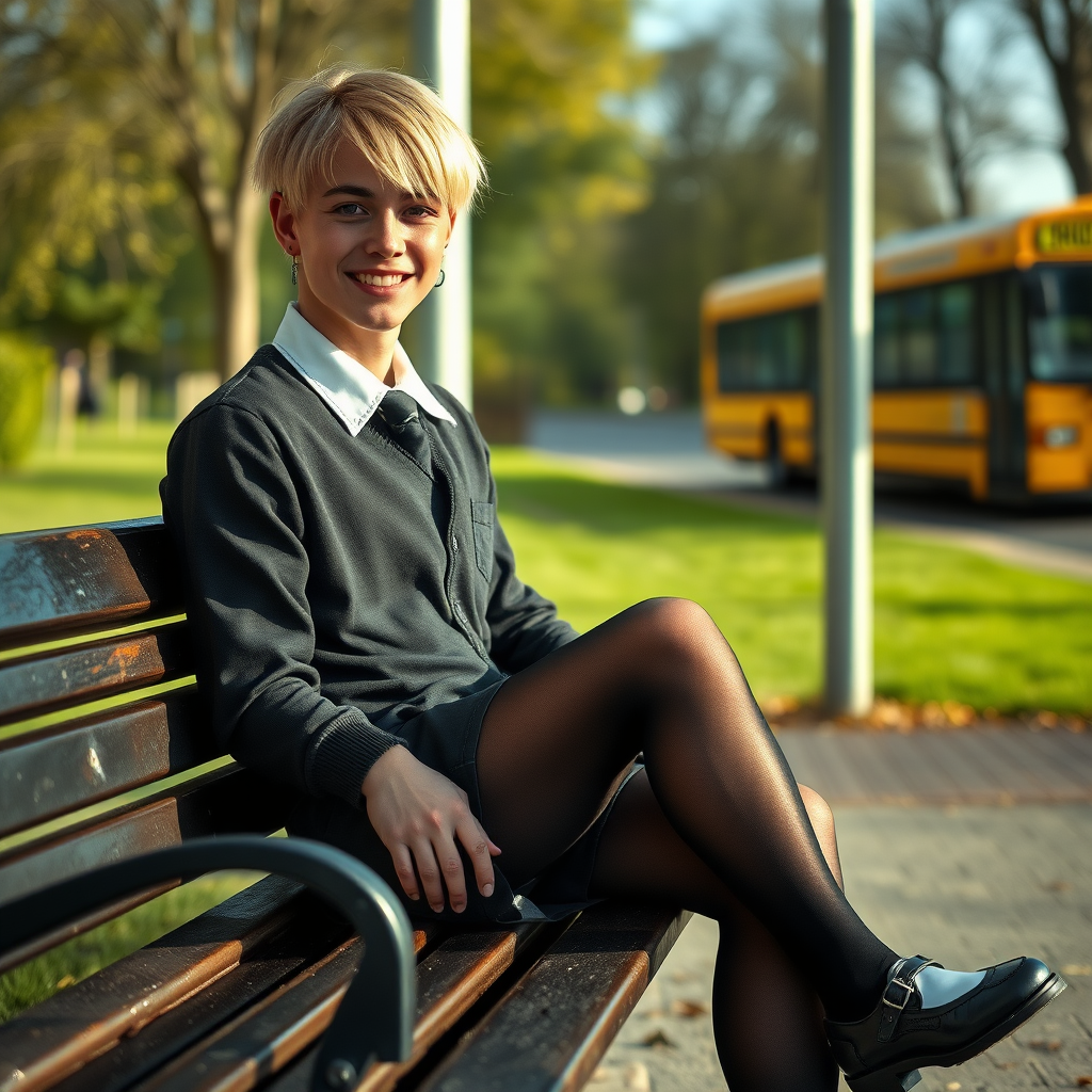 photorealistic, ultra high resolution, 16K, surreal fantasy, soft studio lighting, a pretty 18 year old goth male, slim male physique, short blonde hair, goth makeup, earrings, shiny black pantyhose, UK girls-school uniform, Mary-Jane shoes, sitting on his boyfriends lap on a bench waiting for the school bus, in daylight, excited smile, facing the camera.