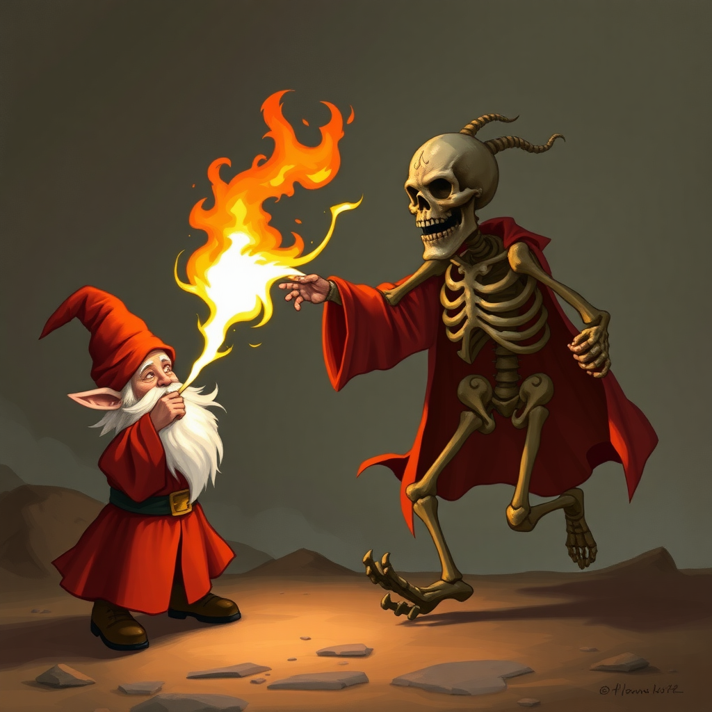 A gnome wizard with red robes casting a fireball at a skeleton that is running towards him.