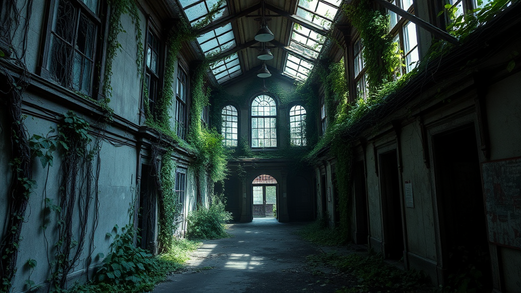 A decaying psychiatric hospital covered in vines, with broken windows and an eerie atmosphere, shadows looming through the hallways.