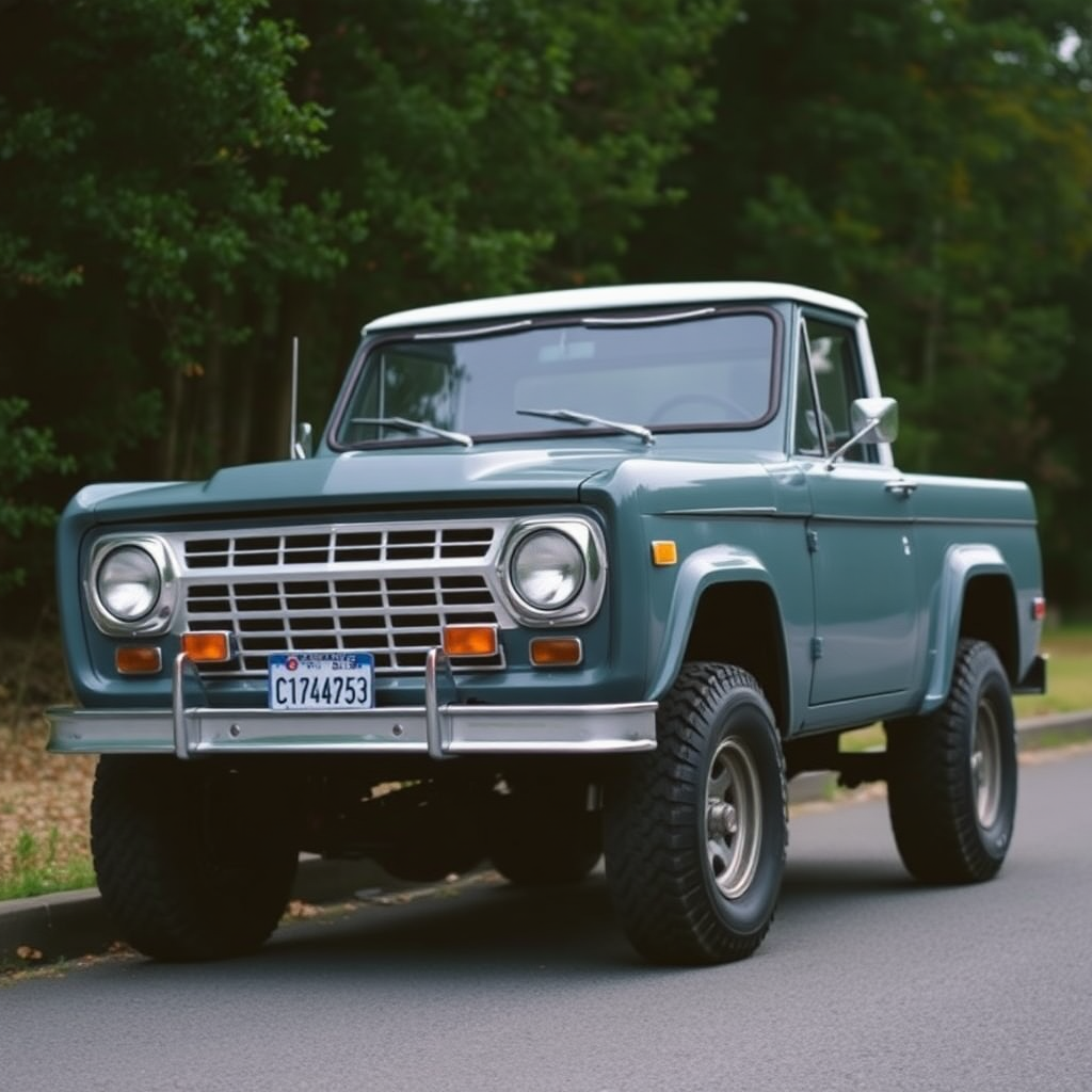 the car is parked on the side of the road, inspired by Taiyō Matsumoto, tumblr, restomod, nd4, c4 ford 4x4 pick-up