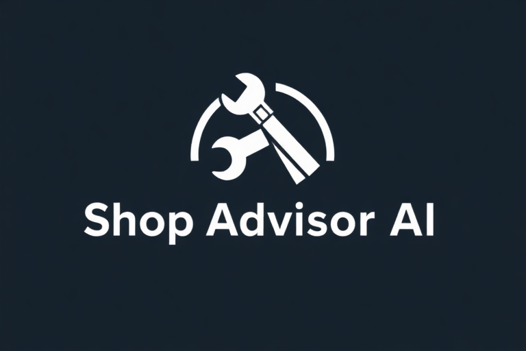 A logo for shop repair software called "Shop Advisor AI", with a wrench or pneumatic gun element incorporated.