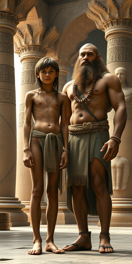 photorealistic, ultra high resolution, 16K. Ancient Babylonians. A skinny 14-years-old teen boy, very long hairs, long legs, bare thighs. With a giant strong muscular slightly bearded young adult man. In ancient temple. Full length view.