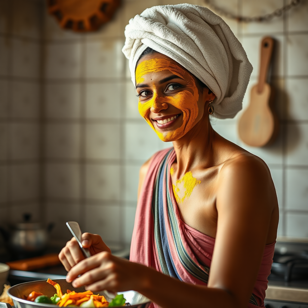 slim, 30 year old, traditional, indian wife, towel head, turmeric face mask, cooking food in kitchen