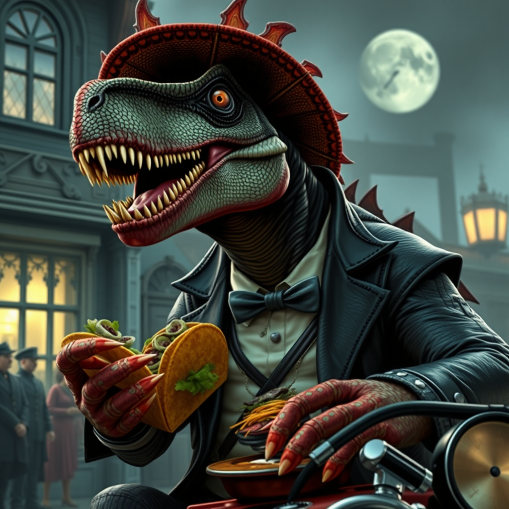 A vampire dinosaur selling tacos in Victorian England, tacky, grand theft auto, crabs.