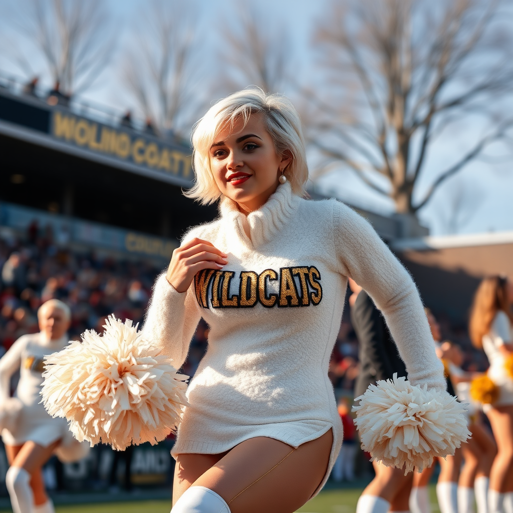 Sunny cold fall noon, college football stadium game, cheerleaders cheering for the home team: Ana, a European 17-year-old very convincing femboy “QB’s trophy-bimbo”, tamed servile docile, very beautiful feminine flawless face, rather short boyish figure, platinum blond short tight curls, bold red lips, heavily made-up face, wearing a Supertanya-style chunky fluffy very fuzzy bright white plushy mohair figure-hugging turtleneck-knit dress with “gold “WILDCATS” letters, white vinyl thigh-high boots with golden heels and white furry trimming, large gold-white pompoms, pearl earrings, leaning forward presenting her assets to irritate the visitor team.